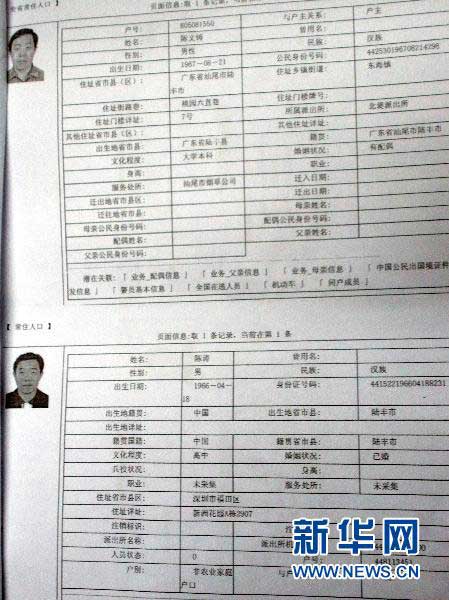 這是廣東省汕尾市煙草局長陳文鑄兩個戶口的詳細資料（1月21日攝）。新華社記者 劉大江 攝