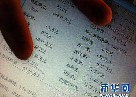 2011年1月13日 “最牛煙草局長”的家族聯(lián)絡(luò)圖網(wǎng)絡(luò)帖子上列出了汕尾煙草公司2010年3月的支出明細(xì)，其中當(dāng)月兩項(xiàng)業(yè)務(wù)招待費(fèi)合計(jì)為206．1萬元（2010年12月30日攝）。新華社記者 盧漢欣 攝