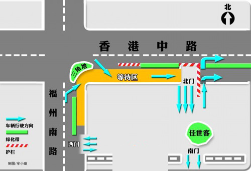 青島佳世客開設等待區(qū) 北門外設護欄南門只出不進
