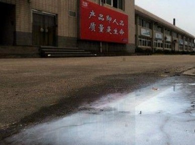 光明乳業(yè)廠門口被傾倒的牛奶。