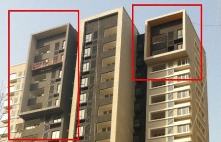紅圈處為萬科城住宅設計的凸出建筑“方框”墻，擋住了多處住房的光線