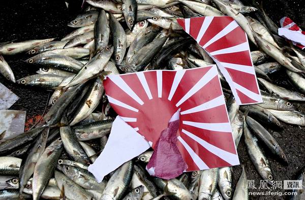 臺保釣人士在日駐臺機構前抗議 焚太陽旗丟死魚