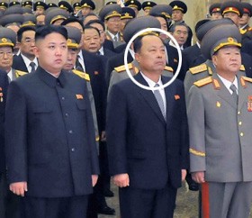 12月17日在朝鮮平壤錦繡山太陽宮舉行的金正日逝世一周年悼念活動中，被推測為朝鮮第二自然科學院院長崔春植的人（右二圓圈內(nèi)）站在國防委員會第一委員長金正恩旁邊。